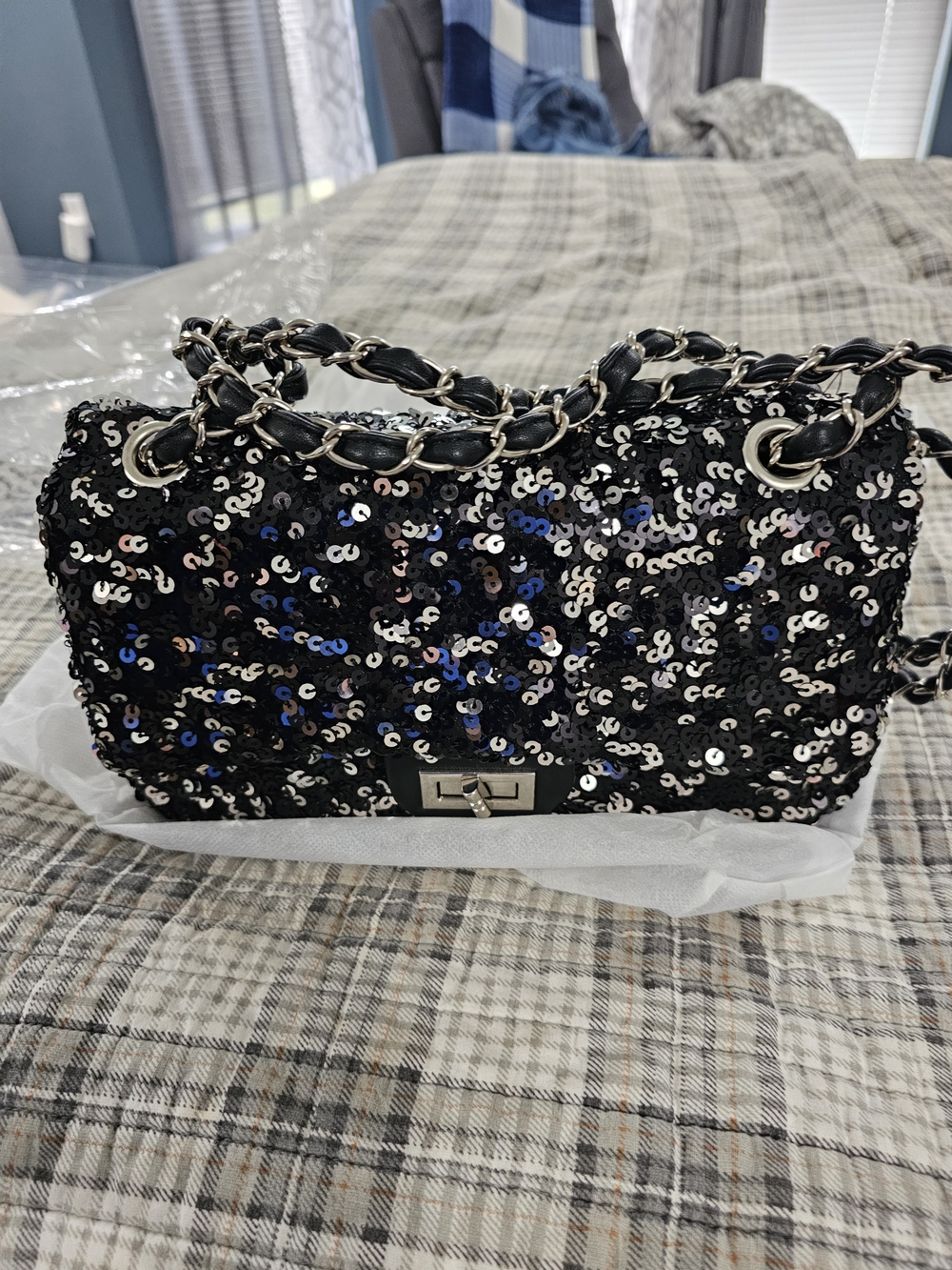 Sequin Chain Shoulder Bag - Black